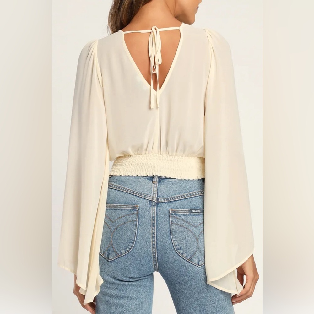 lulus Aura Ivory Smocked Long Flutter Sleeve chiffon top w/elastic waist Size S - Picture 4 of 10